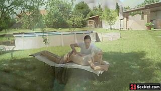 petite teen girlfriend takes big cock anal after oiled outdoor massage