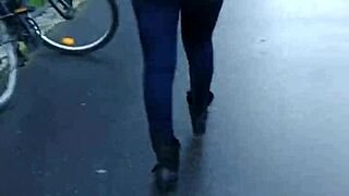 Candid blue jeans walking footage