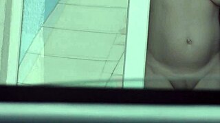 Nude milf neighbor washes windows while taxi driver watches