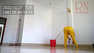 nude maid cleans office space without panties at work