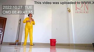 nude maid cleans office space without panties at work