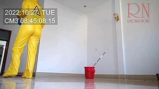 nude maid cleans office space without panties at work