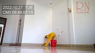 nude maid cleans office space without panties at work