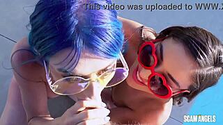 Topless sunbathers start sucking cock by the pool