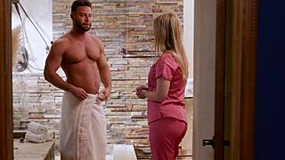 big tits blonde masseuse gets oiled up and tit fucks