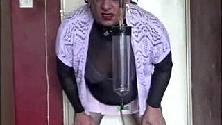 Sissy crossdresser opens mouth in humiliation play