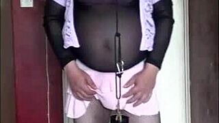 Sissy crossdresser opens mouth in humiliation play