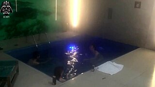 Threesome friends fucked blonde hard in motel pool