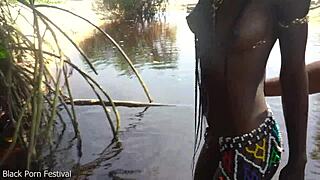 hot skinny african village girl gets fucked while bathing outdoor