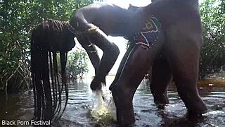 hot skinny african village girl gets fucked while bathing outdoor
