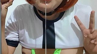 big tits femboy ben debuts with blowjob cum eating and deepthroat on dildo