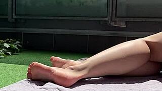 Huge cock voyeur jerks off and cums on wifes big feet on the terrace