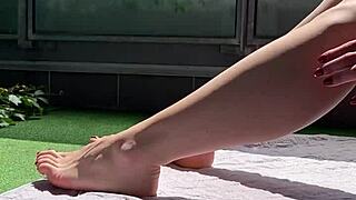 Huge cock voyeur jerks off and cums on wifes big feet on the terrace