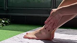 Huge cock voyeur jerks off and cums on wifes big feet on the terrace