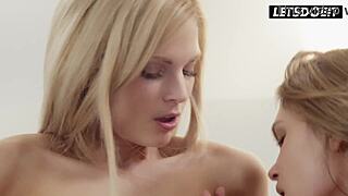 two blondes in stockings share one cock with vibrator
