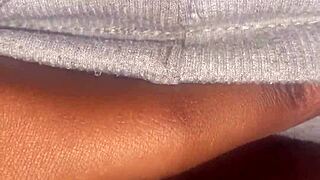 ebony pussy juices drip on ripped clothes in bed
