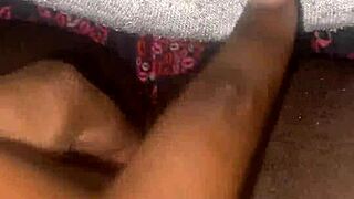 ebony pussy juices drip on ripped clothes in bed