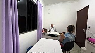 orthopedic doctor takes off the patients clothes and ejaculates on her face