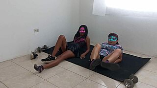 Latin step sisters do aerobics in a very sexy way they show off their sensual buttocks and wet vaginas