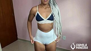 Stepmom teases swollen pussy in tight shorts