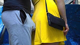 Groped inside bus stranger cums hard while she stroke his long dick