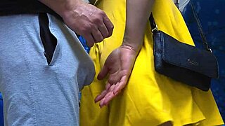 Groped inside bus stranger cums hard while she stroke his long dick