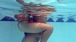 petite skinny girl accepts standing fuck in public pool