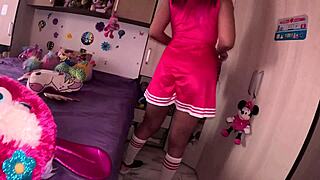 milf cheerleader tease pink uniform lollipop play and messy bedroom
